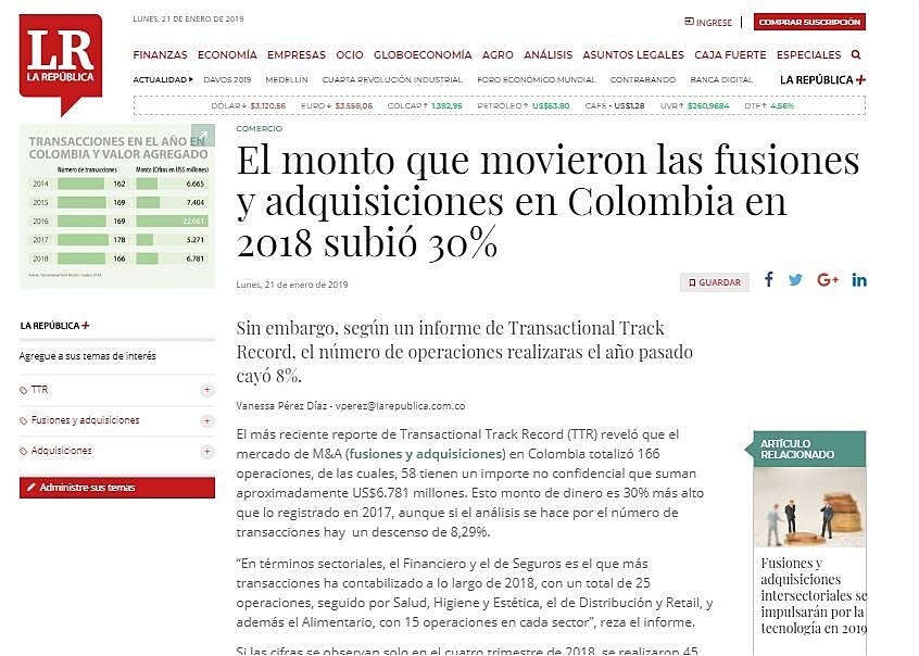 El monto que movieron las fusiones y adquisiciones en Colombia en 2018 subi 30%